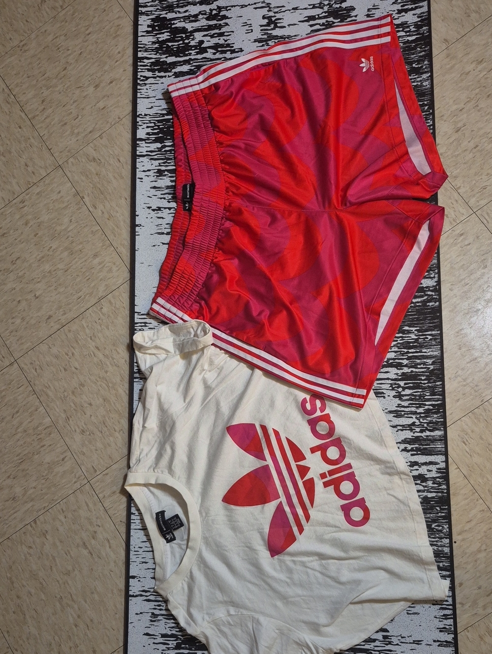 adidas Pink and Red Three-Stripe Athletic Shorts